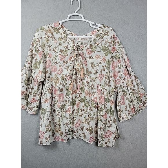 Cato White Floral 3/4 Sleeve Tie Neck Babydoll Rayon Blouse Women's Plus 18 20W - Picture 2 of 12
